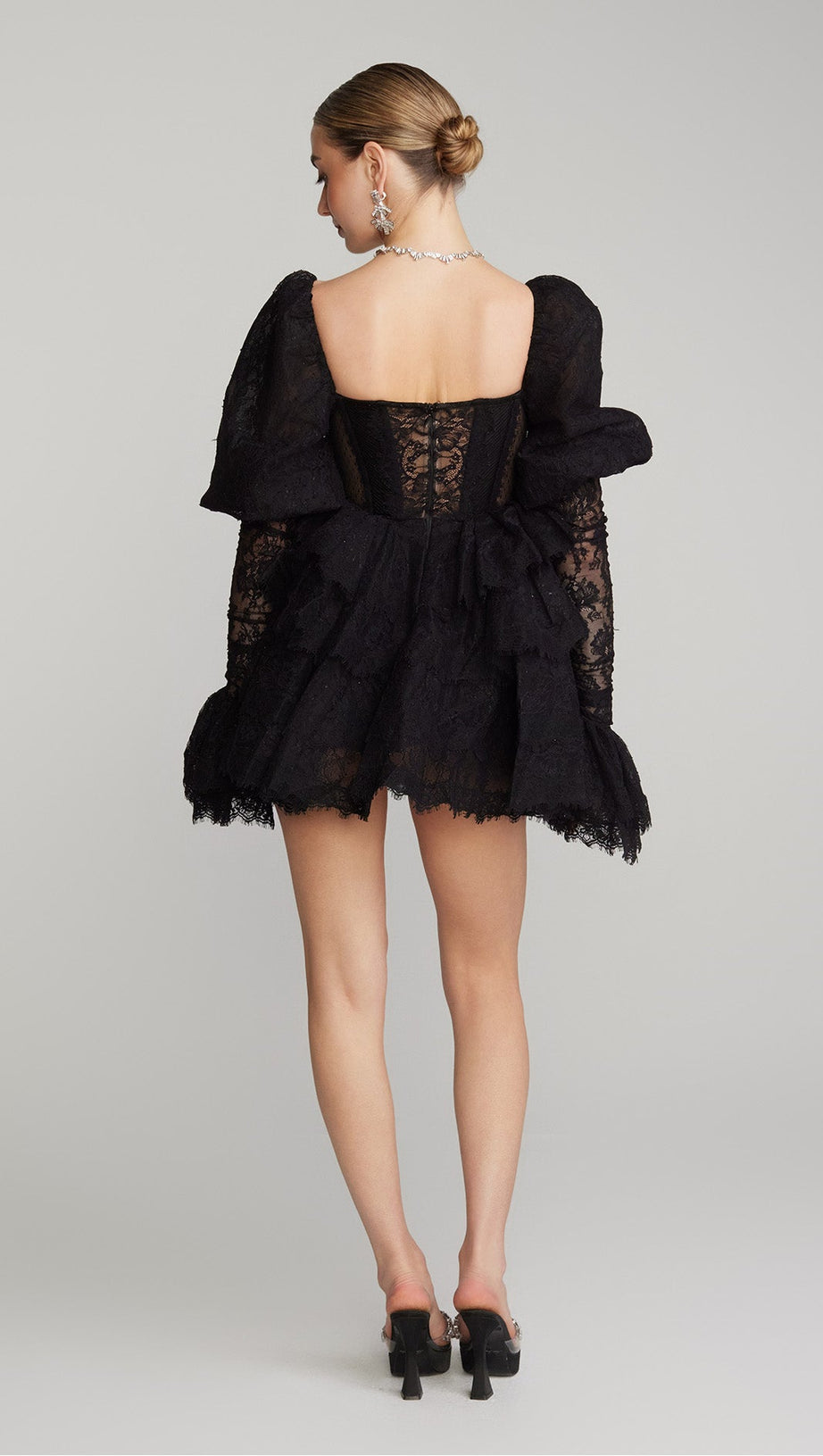 PUFF SLEEVE LACE MINI DRESS IN BLACK