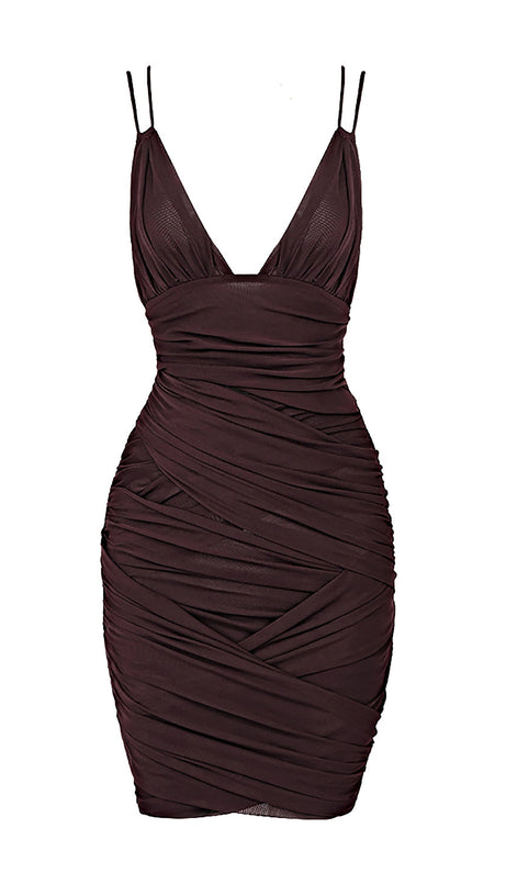 DEEP V RUCHED MESH MINI DRESS