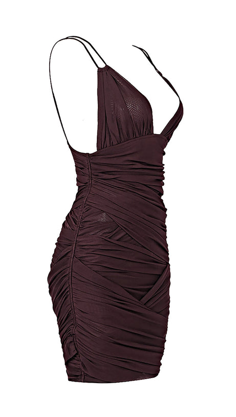DEEP V RUCHED MESH MINI DRESS