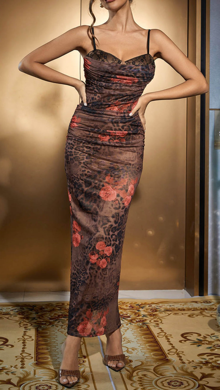 FLORAL PRINT LEPOARD MAXI DRESS