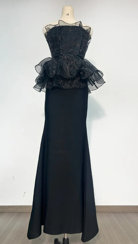 CEDRICA STRAPLESS MESH MAXI BANDAGE DRESS IN BLACK