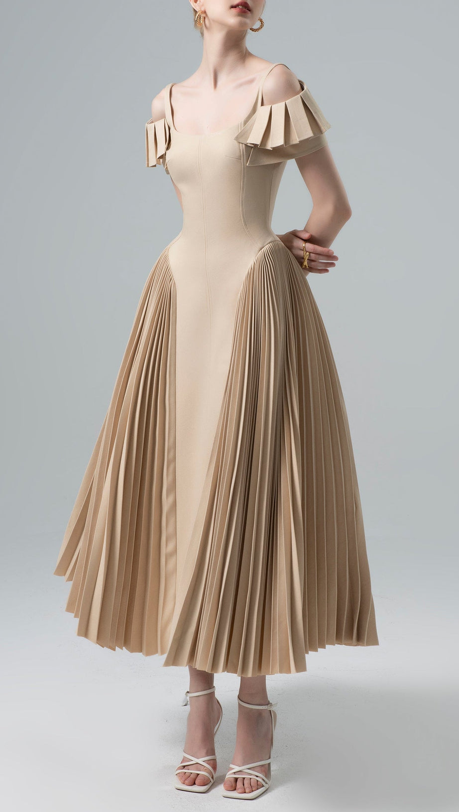 mandy Khaki Sapphi Off-shoulder Midi Dress