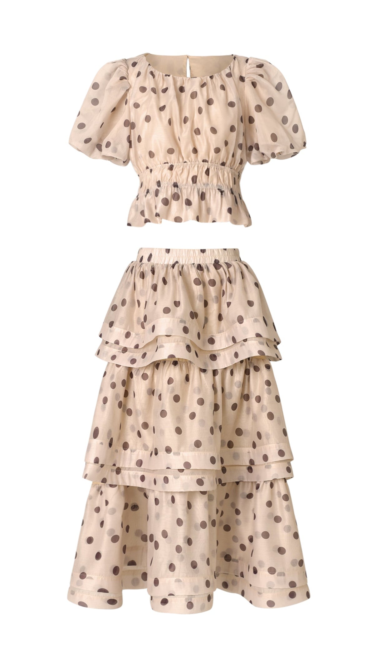 AIIZIE DAMLA BEIGE PUFF SLEEVES DOT PRINTED TOP AND SKIRT TWO-PIECE SET - product image