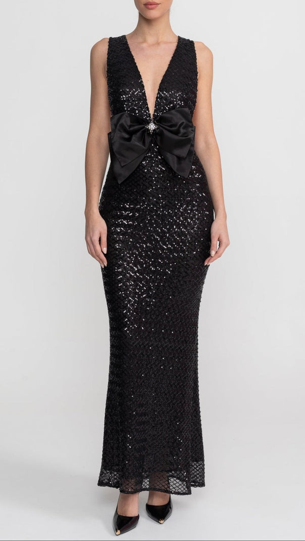 Sequin Maxi Dress With Satin Bow Detail - Black