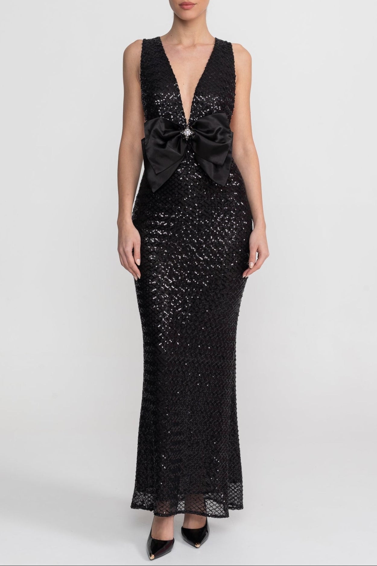 Sequin Maxi Dress With Satin Bow Detail - Black
