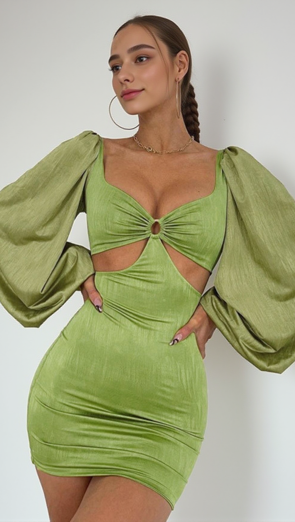 AIIZIE CAGE SLEEVE HOLLOW MINI DRESS IN GREEN - product image