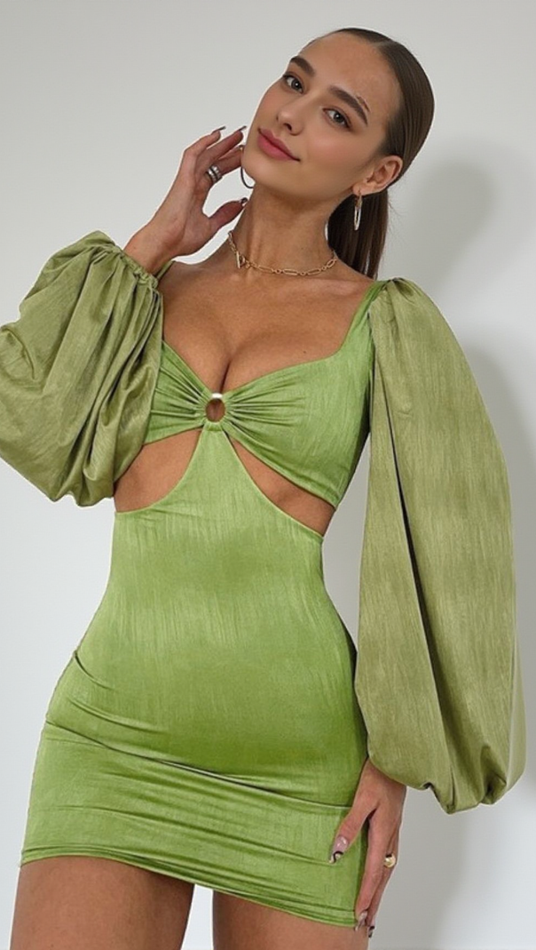 AIIZIE CAGE SLEEVE HOLLOW MINI DRESS IN GREEN - product image