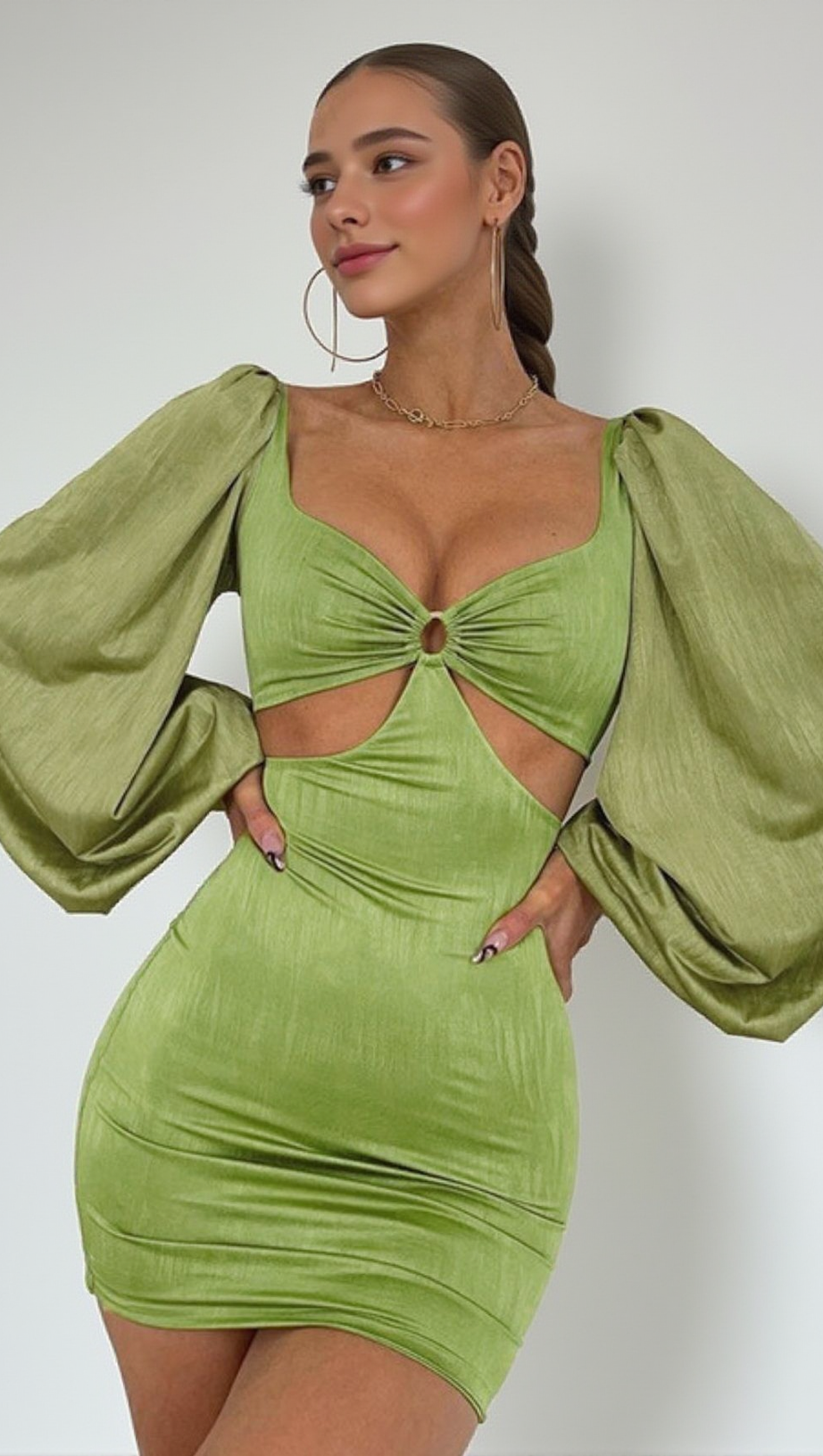 CAGE SLEEVE HOLLOW MINI DRESS IN IVORY WHITE