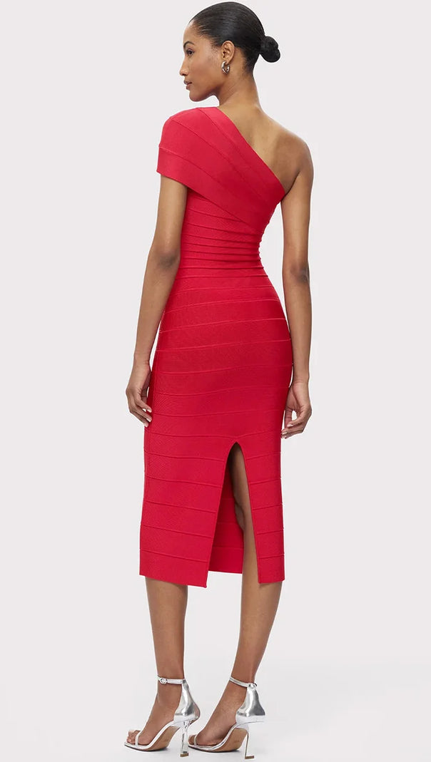 AIIZIE ABIGAIL ONE-SHOULDER BANDAGE MIDI DRESS IN RIO RED - product image