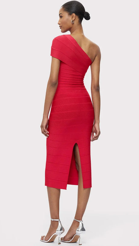 ABIGAIL ONE-SHOULDER BANDAGE MIDI DRESS IN RIO RED