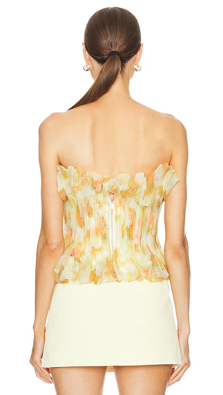 PRINT RUFFLE TRIM TOP IN YELLOW
