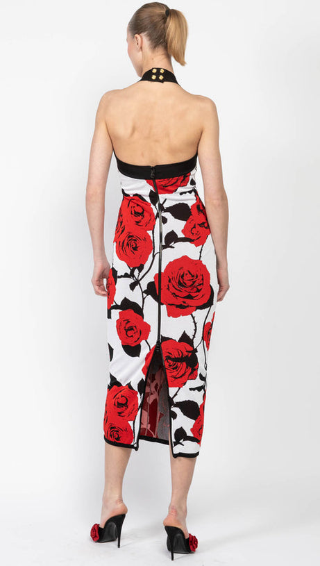 MULTICOLOR HALTERNECK ROSE PRINT MIDI DRESS