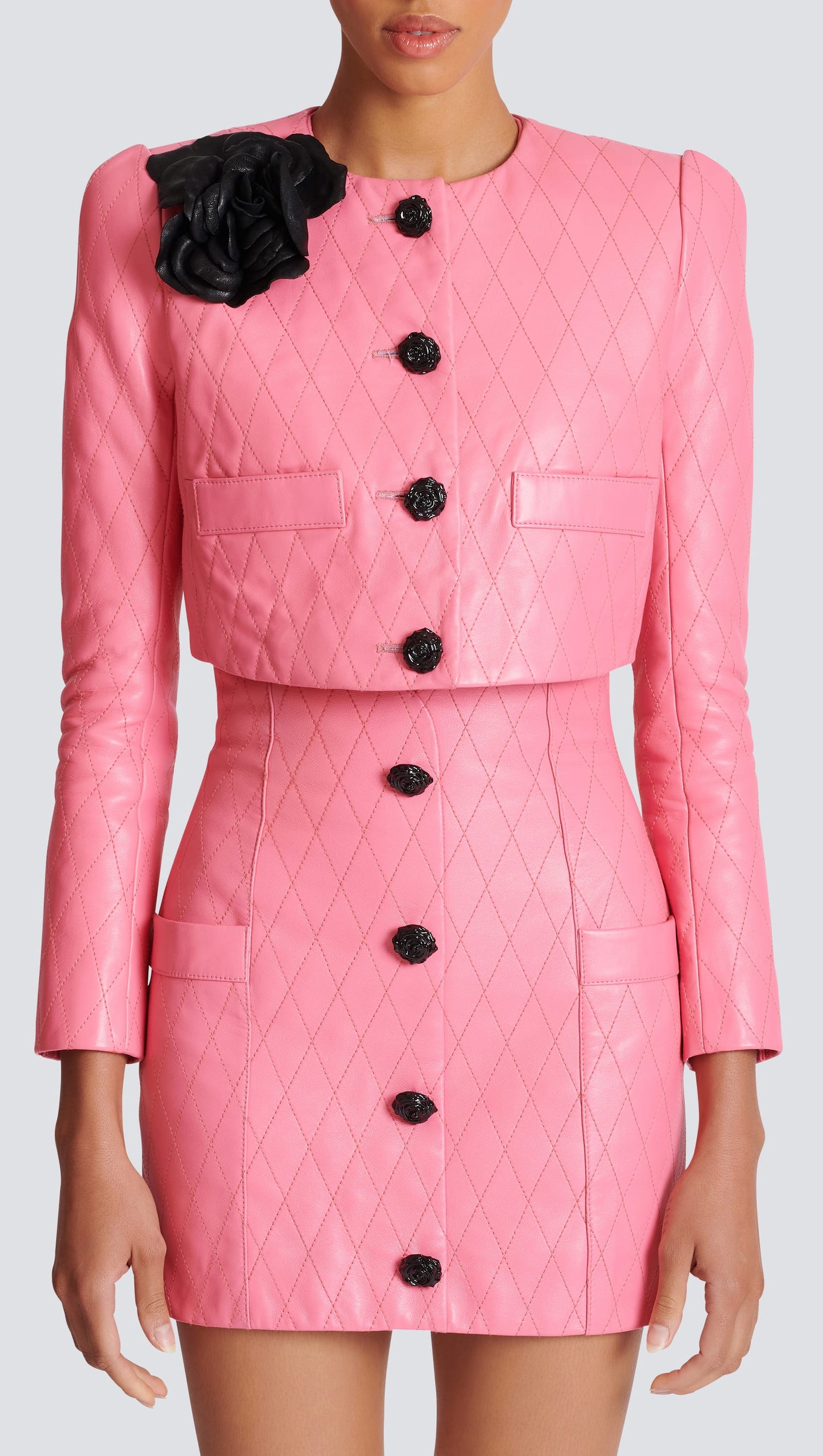 PINK QUILTED CROPPED LEATHER JACKET