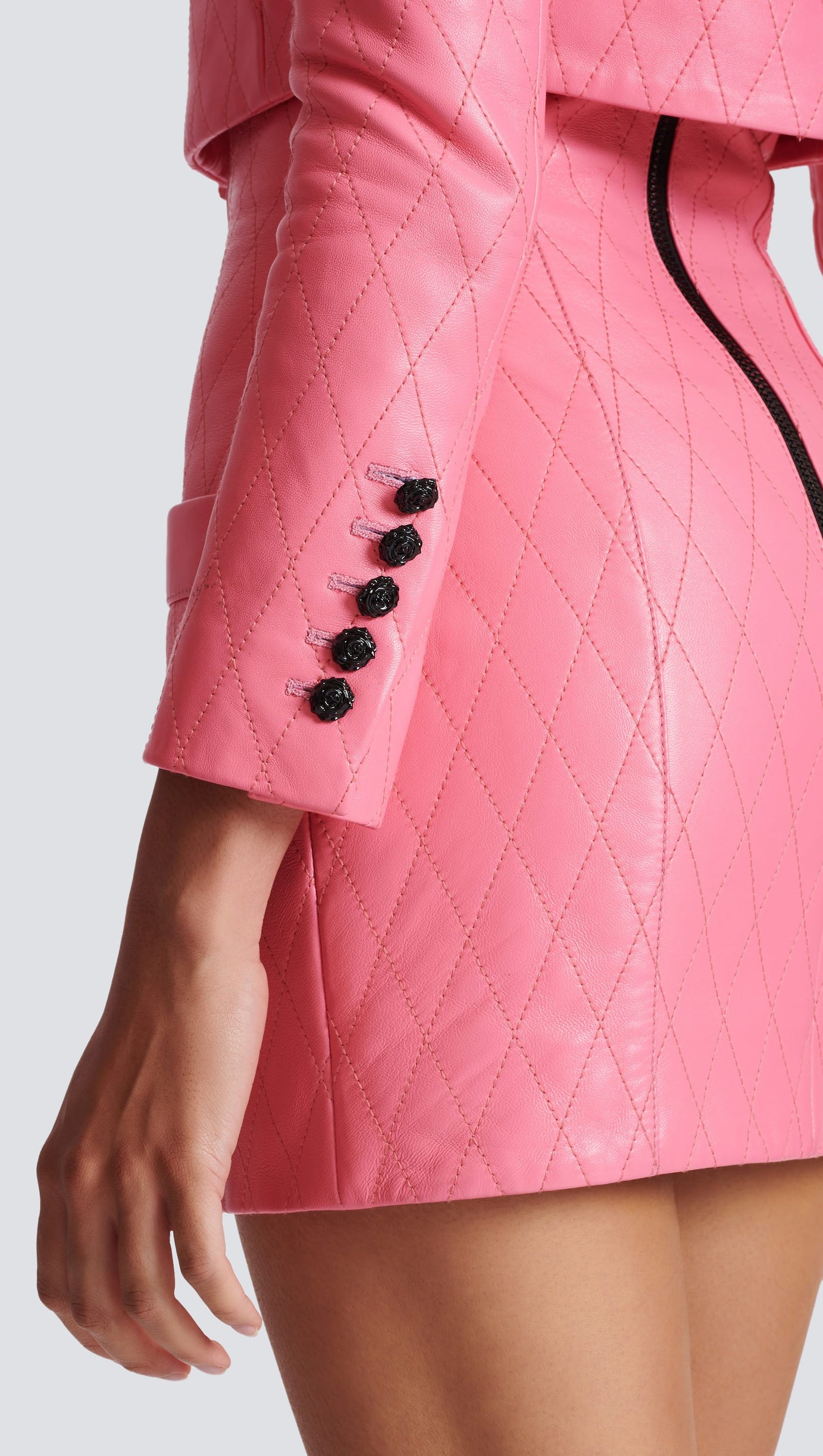 PINK QUILTED CROPPED LEATHER JACKET