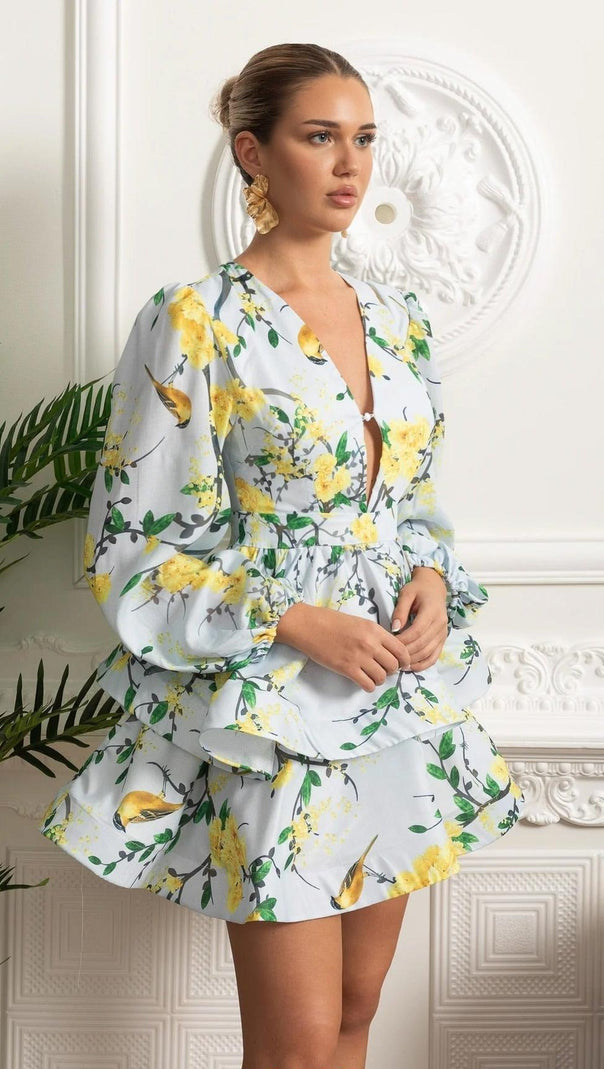 Floral Romantic Mini Dress With Voluminous Sleeves And Peplum Detail - Sky Blue