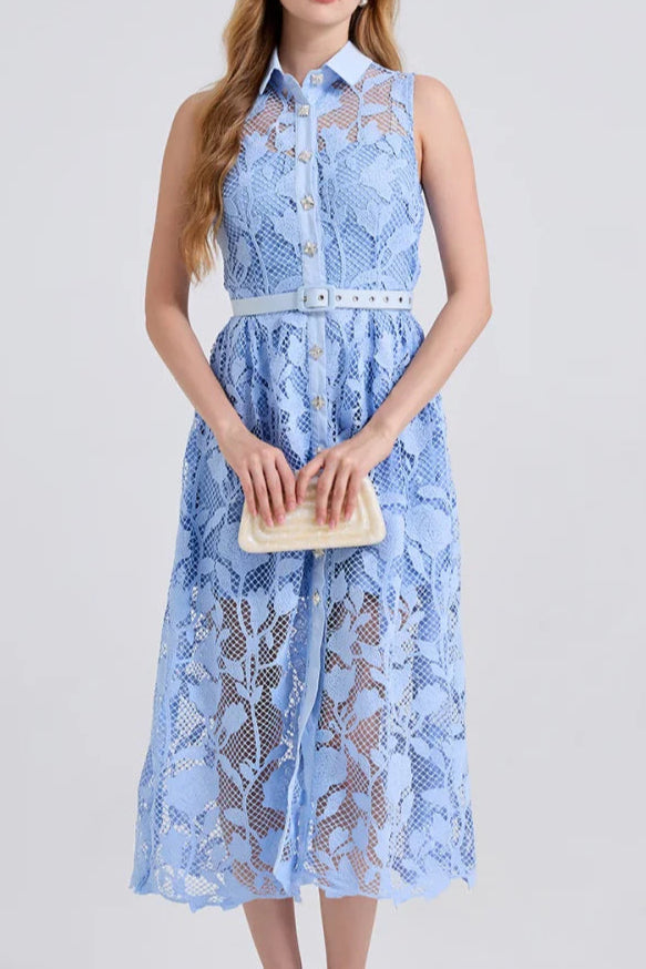 AIIZIE NECKLINE SLEEVELESS PINCHED WAIST MIDI DRESS IN BLUE - product image