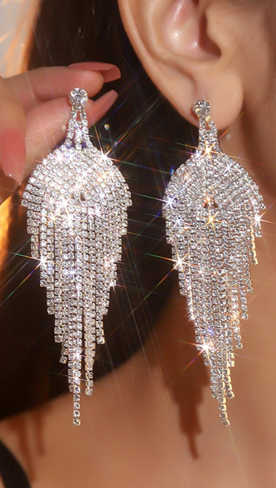 GLITTER SILVER TASSEL RHINESTONE DANGLE EARRINGS