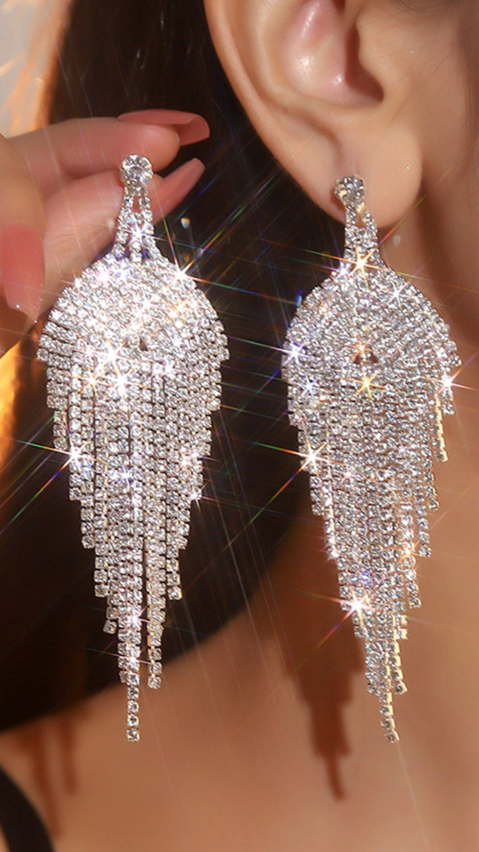 GLITTER SILVER TASSEL RHINESTONE DANGLE EARRINGS
