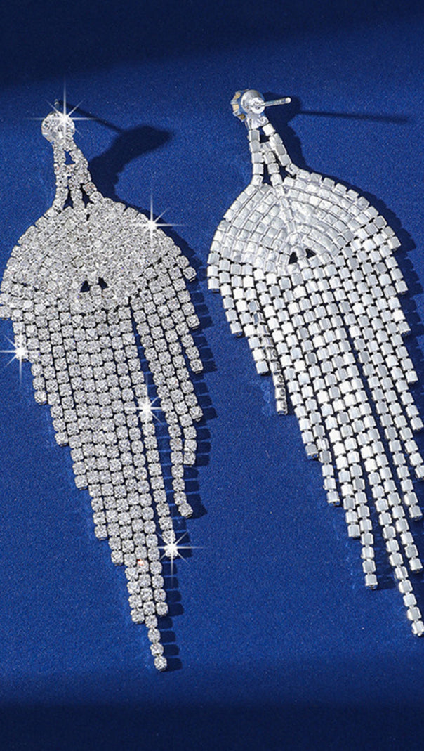 AIIZIE GLITTER SILVER TASSEL RHINESTONE DANGLE EARRINGS - product image