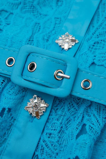 Ärmelloses, schmales Kleid mit hohem Bund und Kragen in Blau