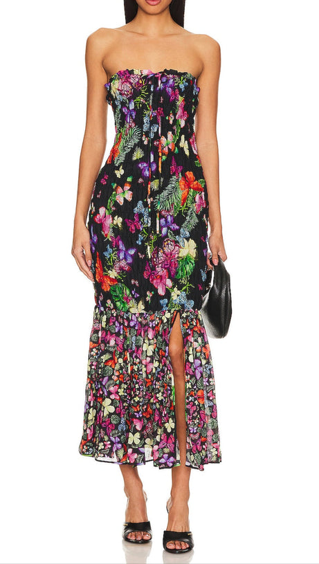 BUTTERFLY PRINT FISHTAIL WRAP MAXI DRESS