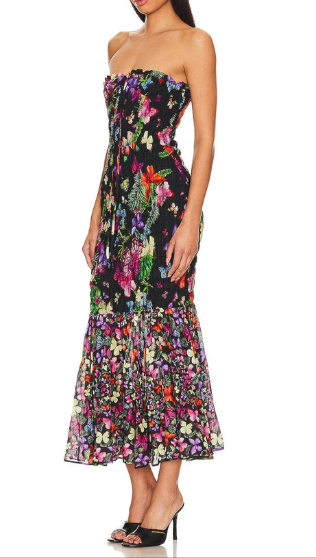 BUTTERFLY PRINT FISHTAIL WRAP MAXI DRESS