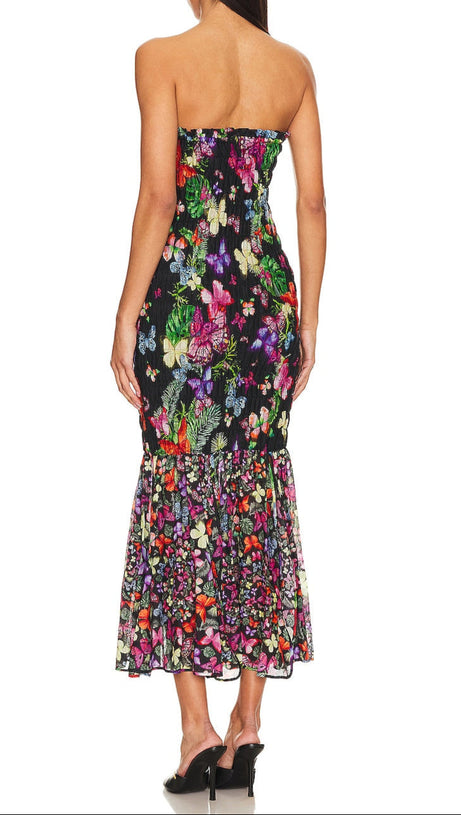 BUTTERFLY PRINT FISHTAIL WRAP MAXI DRESS