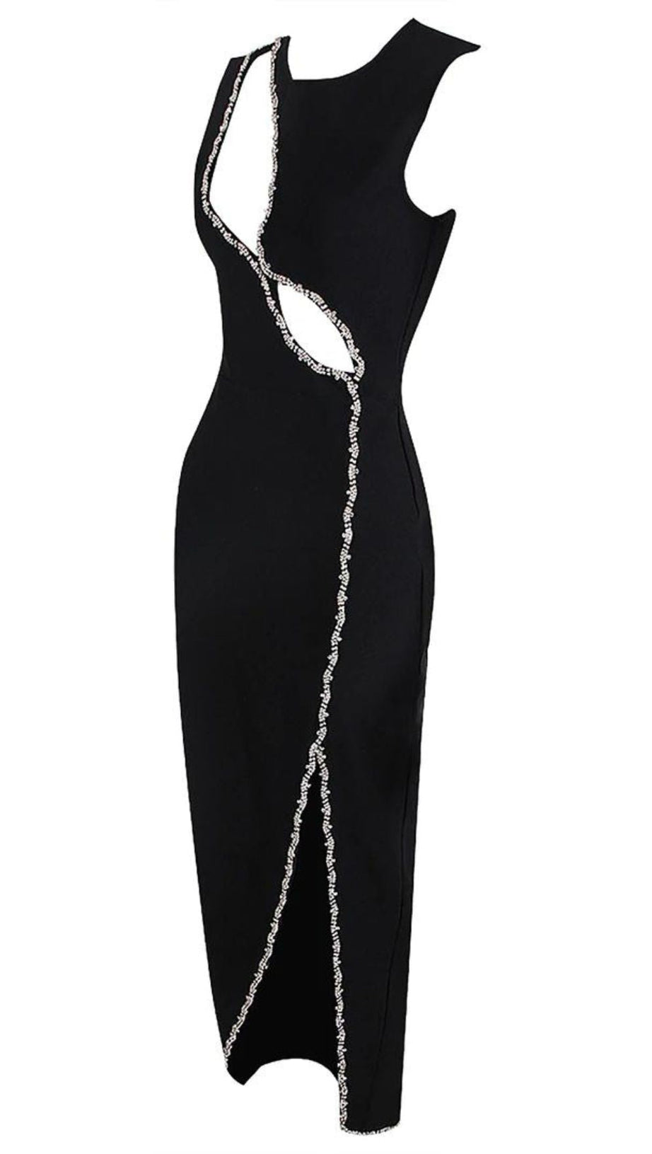 CRYSTAL CUT OUT BANDAGE MIDI DRESS IN BLACK