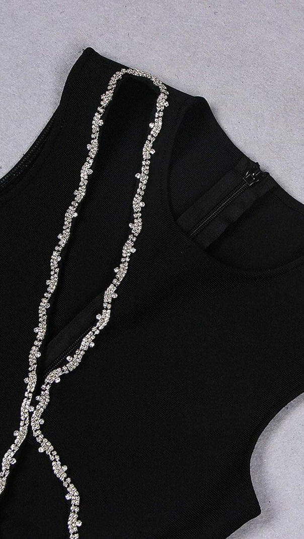 AIIZIE CRYSTAL CUT OUT BANDAGE MIDI DRESS IN BLACK - product image