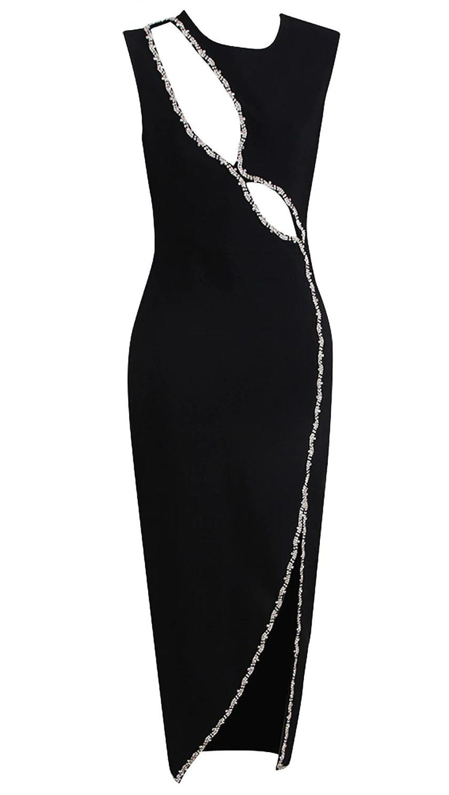 CRYSTAL CUT OUT BANDAGE MIDI DRESS IN BLACK