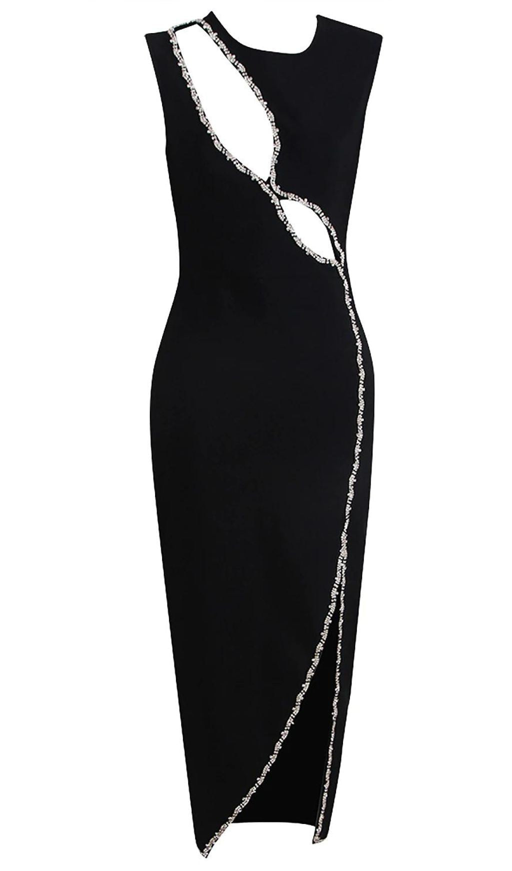 CRYSTAL CUT OUT BANDAGE MIDI DRESS IN BLACK