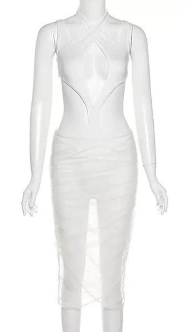 Cut Out Mesh Midi Dress in Black