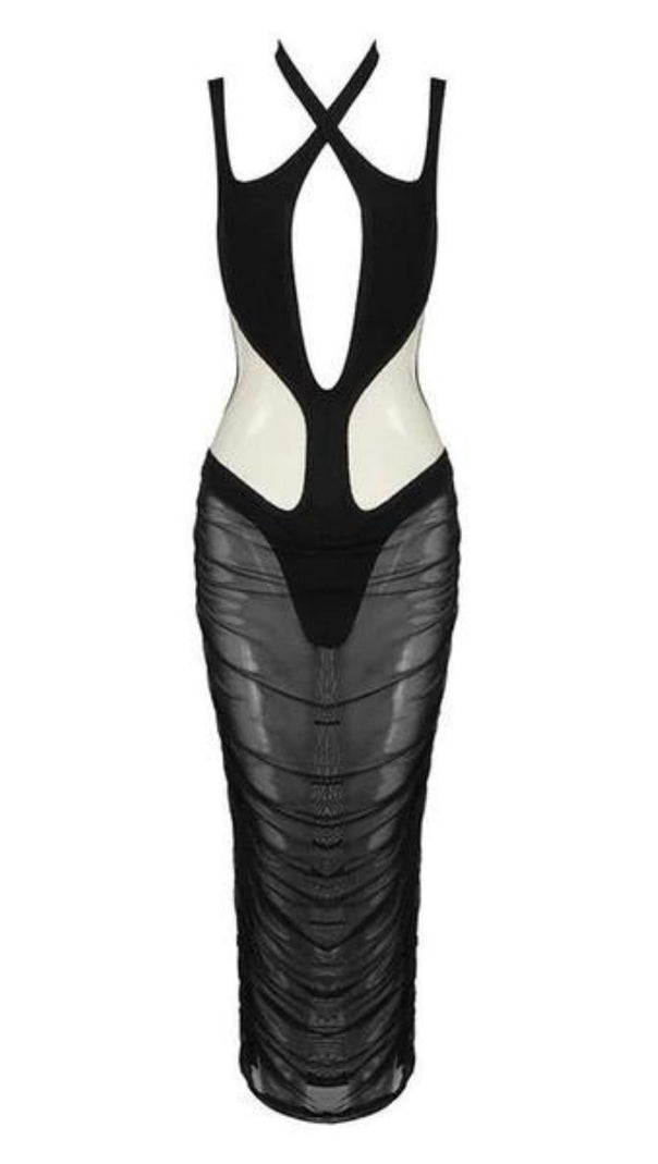 Cut Out Mesh Midi Dress in Black