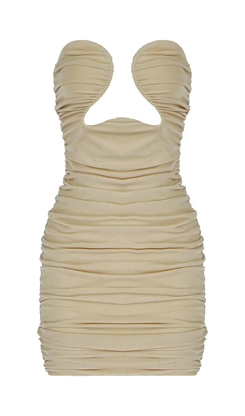 CUT-OUT RUCHED BODYCON MINI DRESS IN WHITE