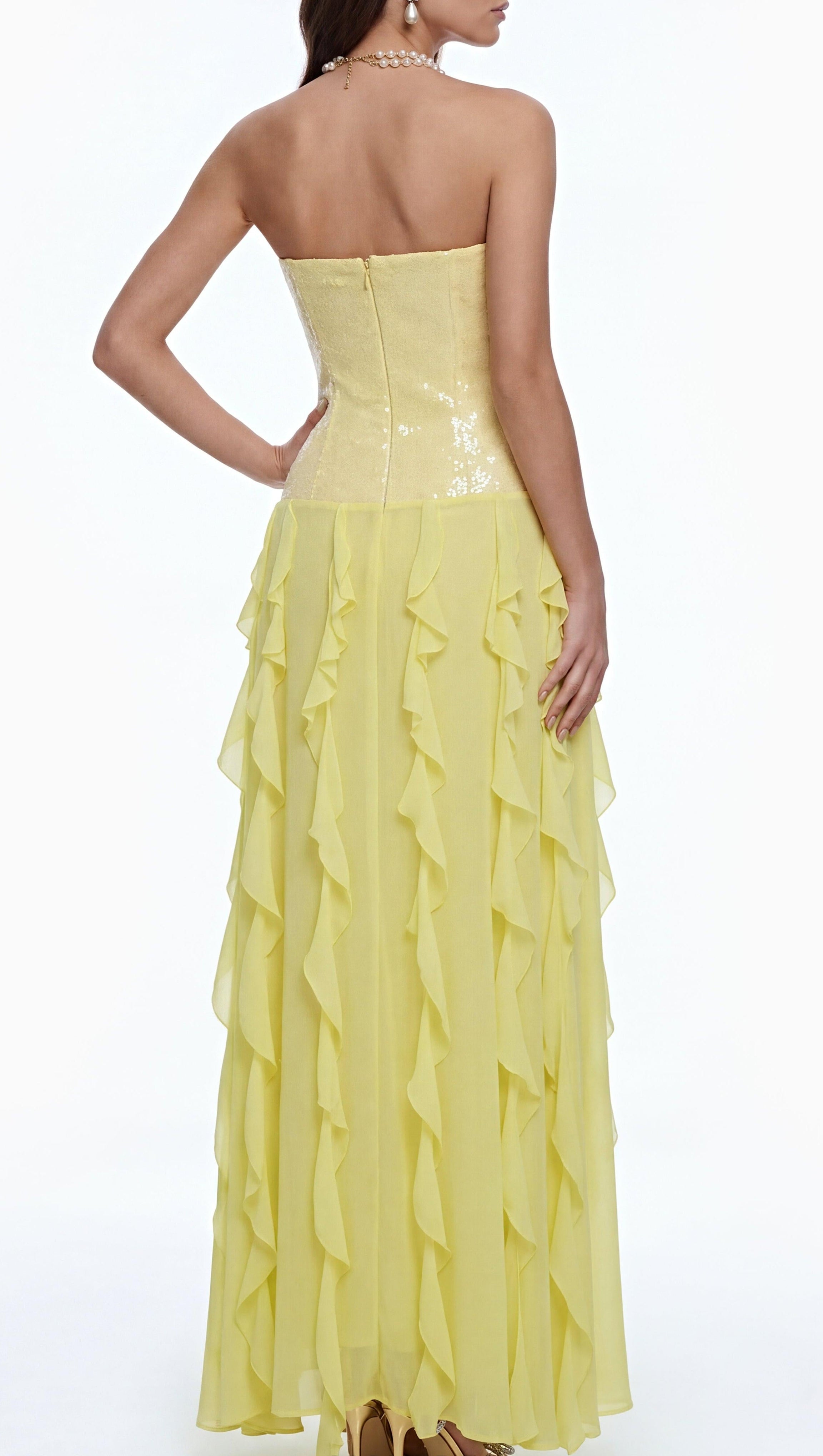 florence Off-Shoulder ruffle Slit Maxi Dress in Yellow