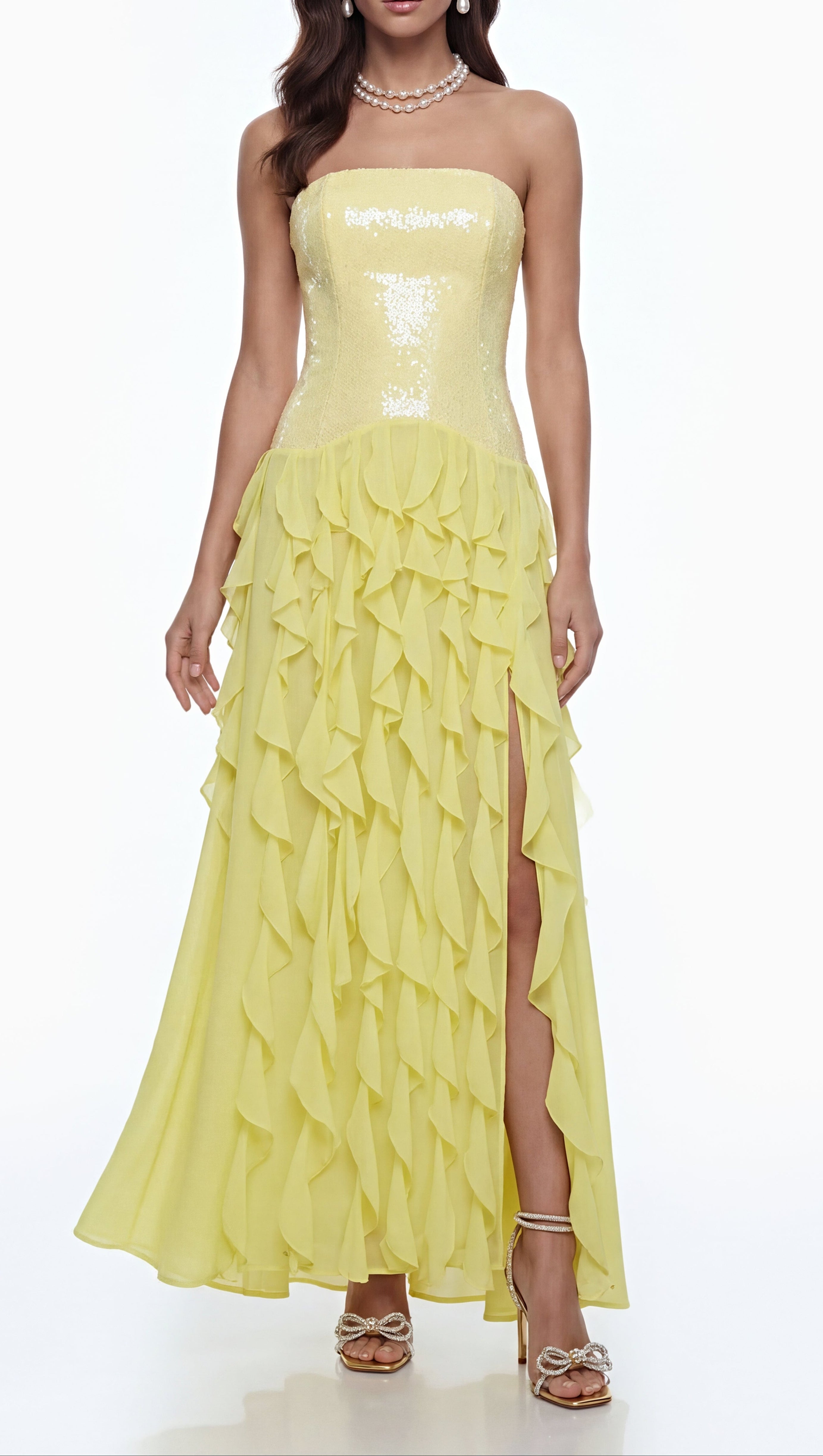 florence Off-Shoulder ruffle Slit Maxi Dress in Yellow