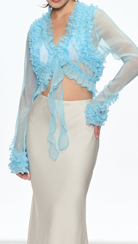 EUDORA RUFFLE PLUNGE LACE UP TOP IN BLUE