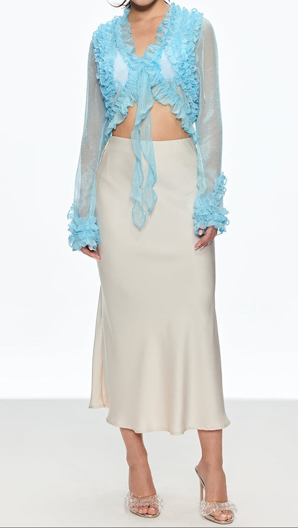 AIIZIE EUDORA RUFFLE PLUNGE LACE UP TOP IN BLUE - product image