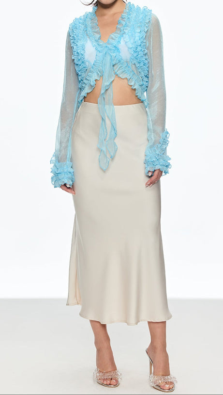 EUDORA RUFFLE PLUNGE LACE UP TOP IN BLUE