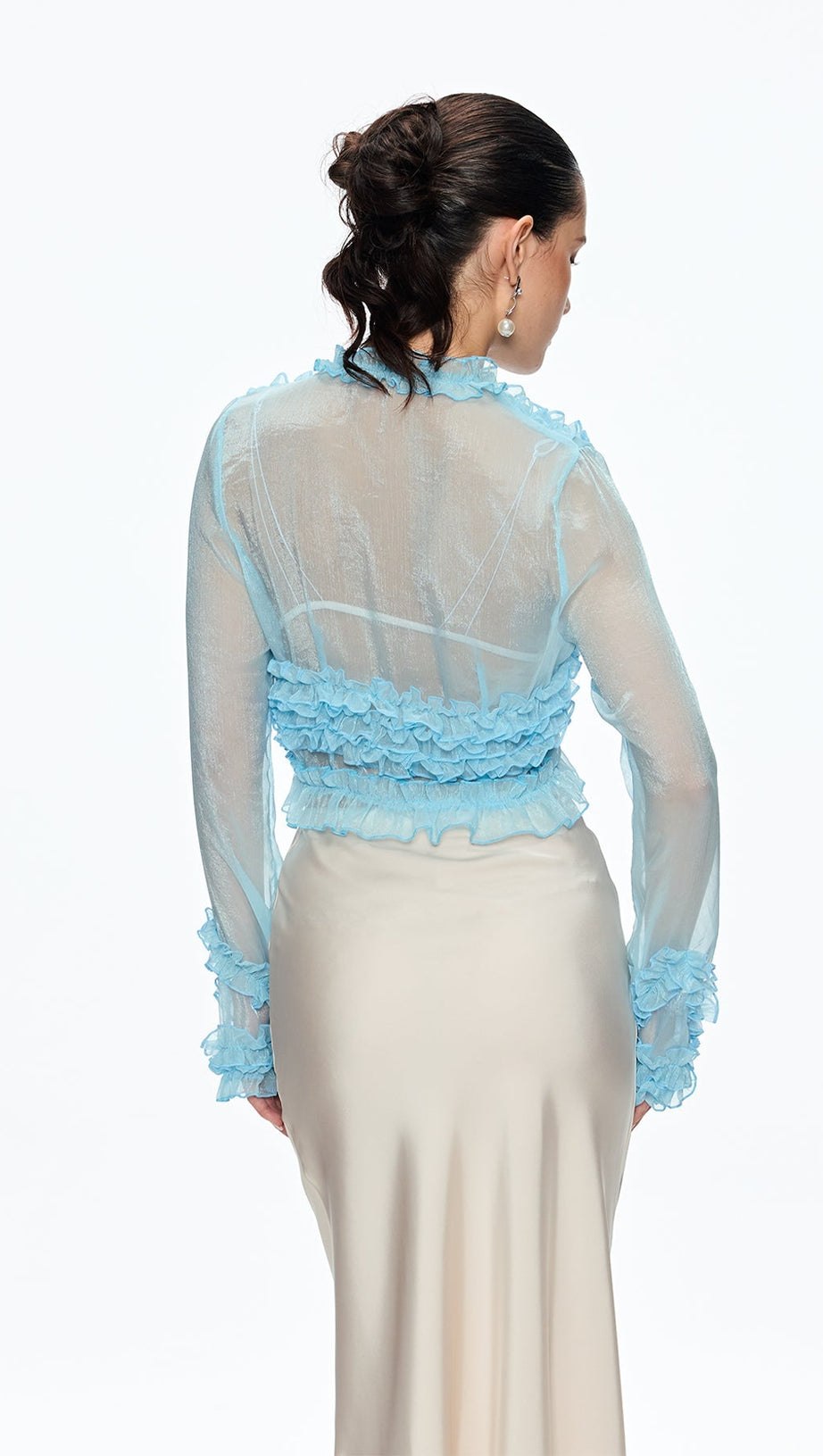 EUDORA RUFFLE PLUNGE LACE UP TOP IN BLUE