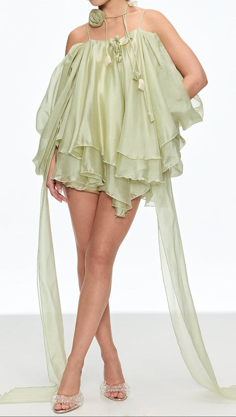 ALISA RUFFLE LACE UP FRINGE MINI DRESS IN GREEN