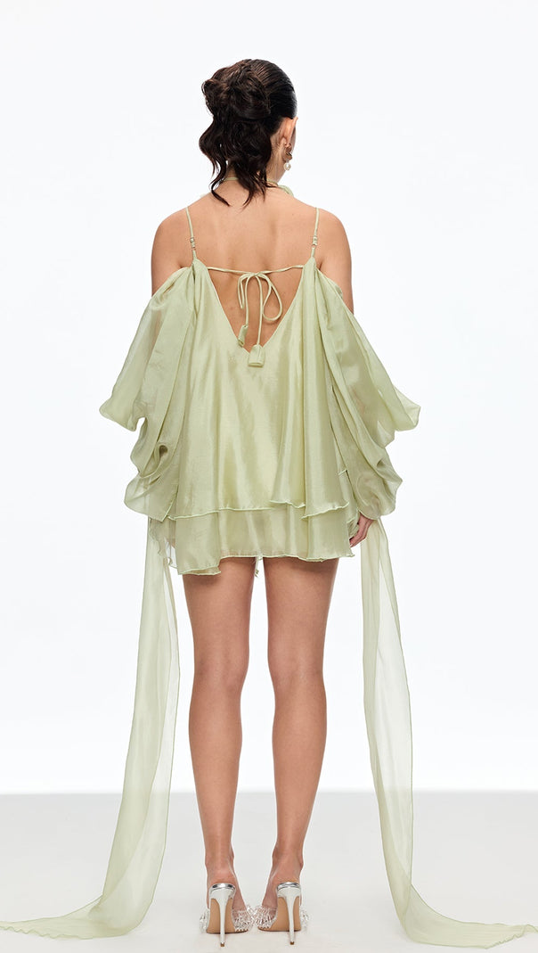 AIIZIE ALISA RUFFLE LACE UP FRINGE MINI DRESS IN GREEN - product image