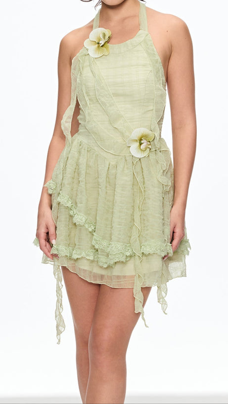 ALYSSA FLOWER FRINGE MINI DRESS IN GREEN