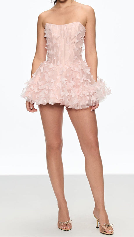 AURORA BUTTERFLY CORSET PUFFY MINI DRESS IN PINK