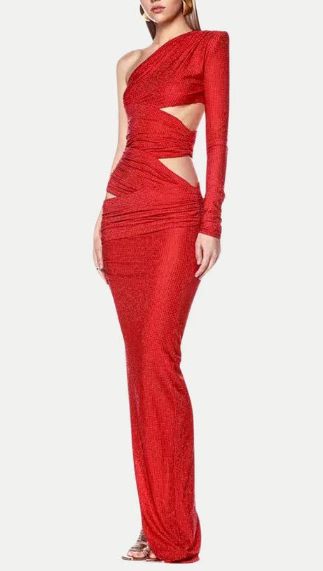 CAITS ONE SHOULDER CRYSTAL CUTOUT MAXI DRESS