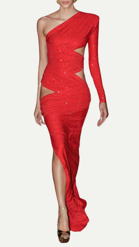 CAITS ONE SHOULDER CRYSTAL CUTOUT MAXI DRESS