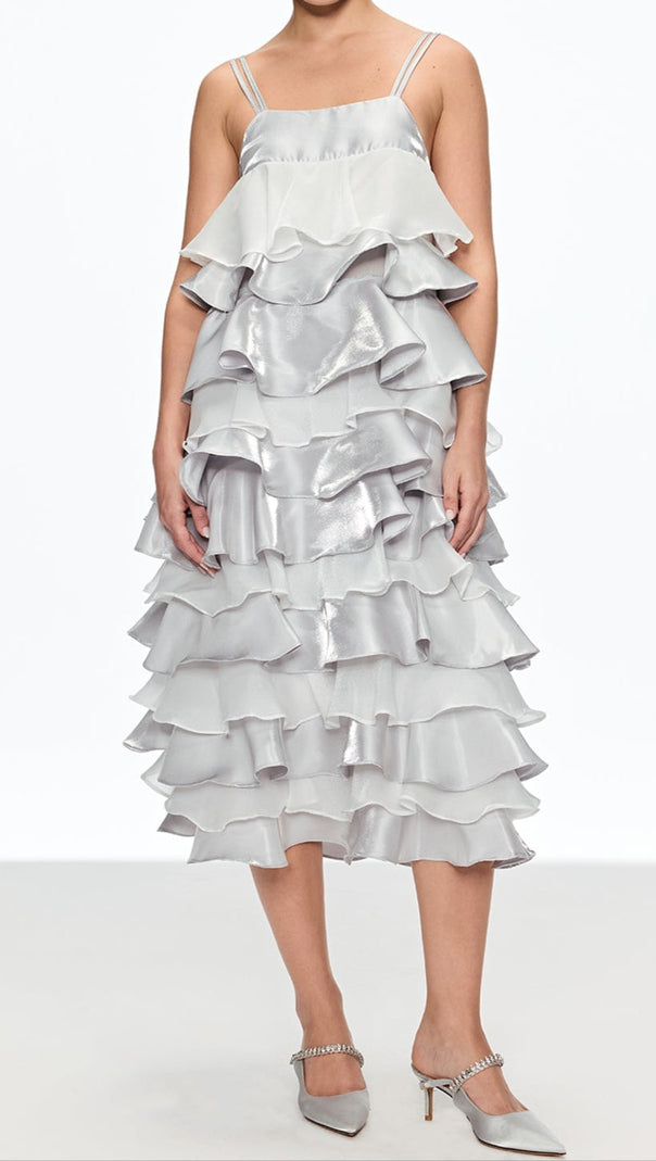 AIIZIE GRISELDA RUFFLE SPAGHETTI MIDI DRESS IN SILVER - product image