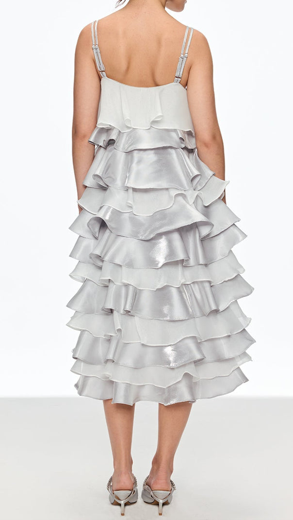 AIIZIE GRISELDA RUFFLE SPAGHETTI MIDI DRESS IN SILVER - product image