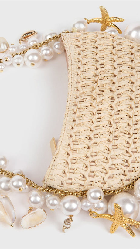 CAMILLA SHELL PEARL RAFFIA BAG