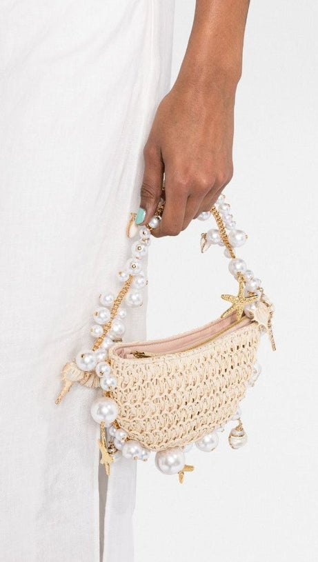 CAMILLA SHELL PEARL RAFFIA BAG